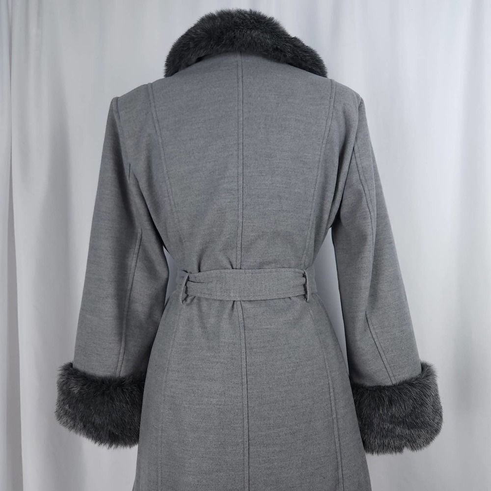 Lane Bryant Grey Full Length Trench Coat with Faux Fur Trim Size 10/12 - Picture 8 of 12